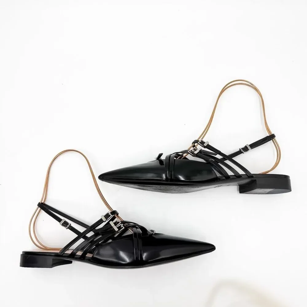 Gucci Seraphine Pointed Toe Buckle Leather Slingback Flats EU 39.5 US 9.5